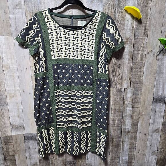 Label Ritu Kumar Pyramid Waves Dress Sz S Eyelet Black Green Tan Short Sleeve - Picture 2 of 5